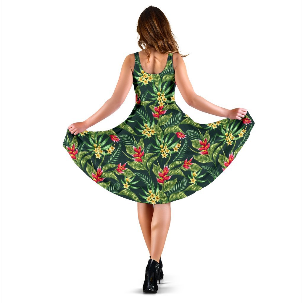 Tropical Flower Red Heliconia Print Sleeveless Dress