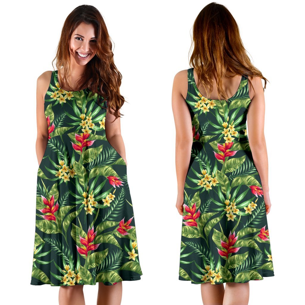 Tropical Flower Red Heliconia Print Sleeveless Dress