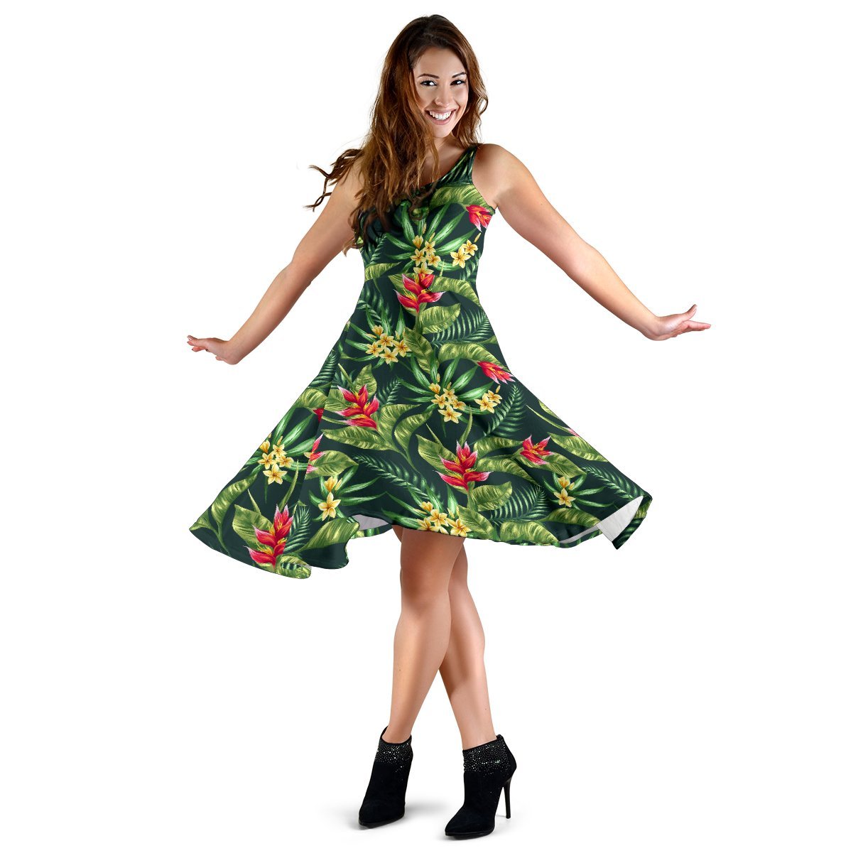 Tropical Flower Red Heliconia Print Sleeveless Dress