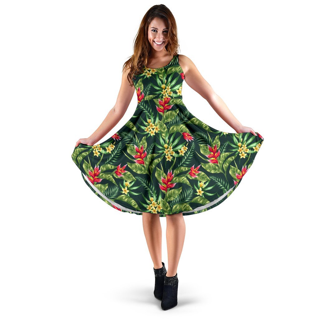 Tropical Flower Red Heliconia Print Sleeveless Dress