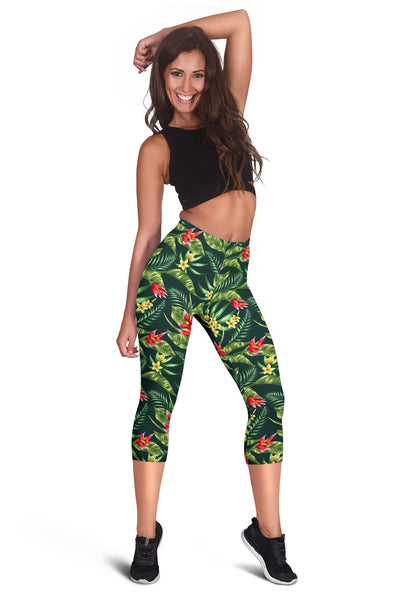 Tropical Flower Red Heliconia Print Women Capris