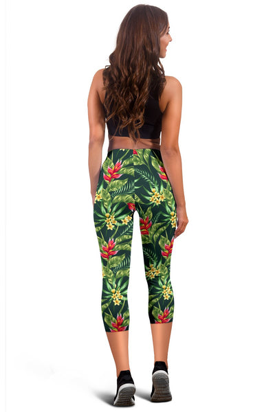 Tropical Flower Red Heliconia Print Women Capris