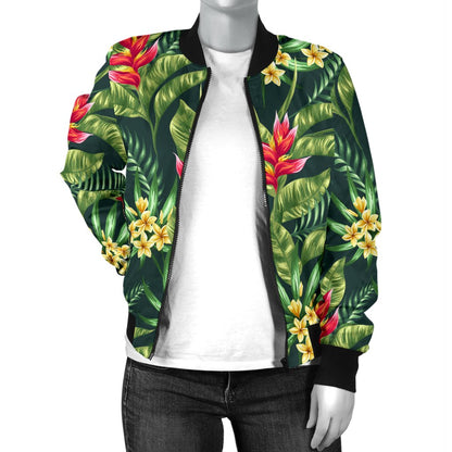 Tropical Flower Red Heliconia Print Women Casual Bomber Jacket