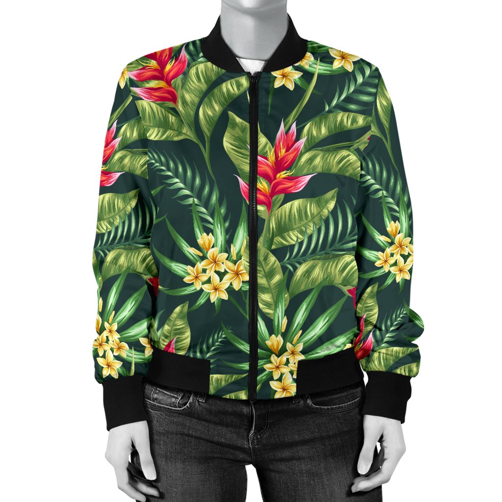 Tropical Flower Red Heliconia Print Women Casual Bomber Jacket