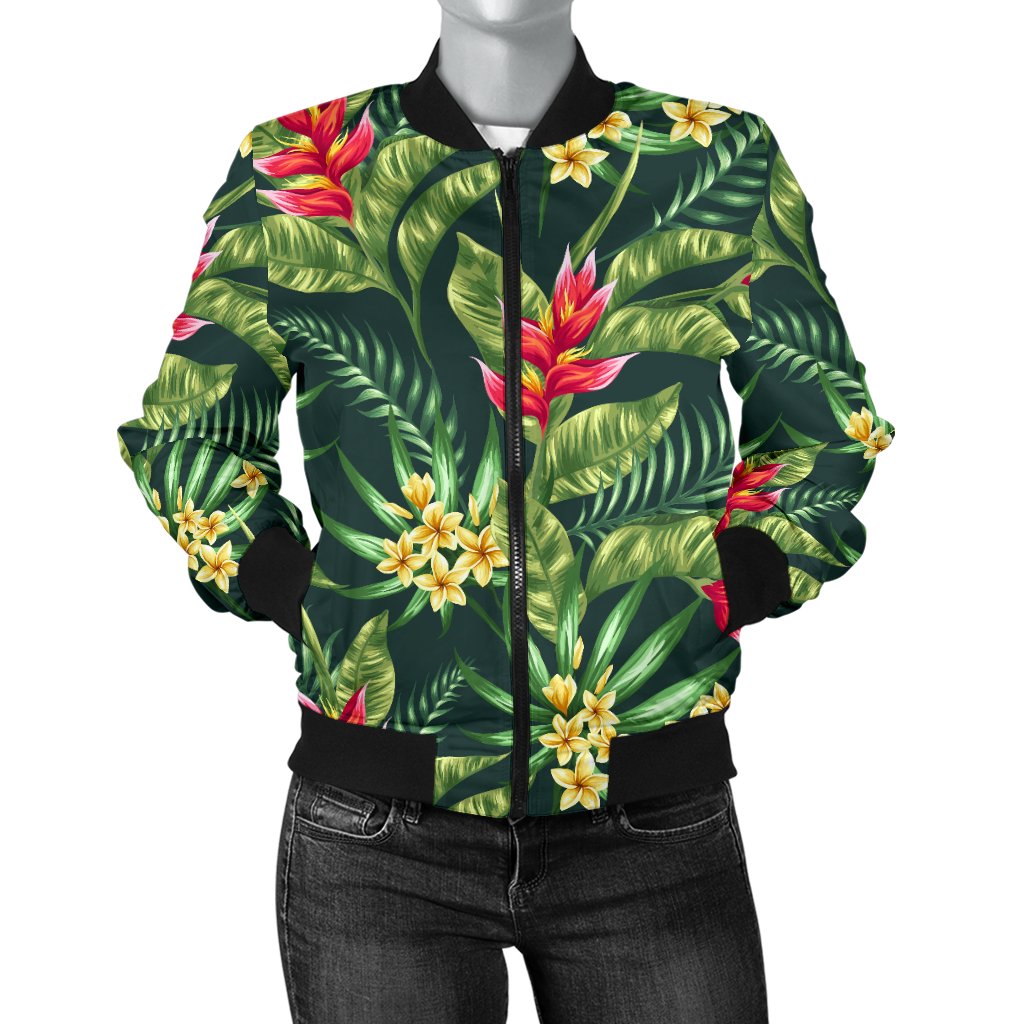 Tropical Flower Red Heliconia Print Women Casual Bomber Jacket