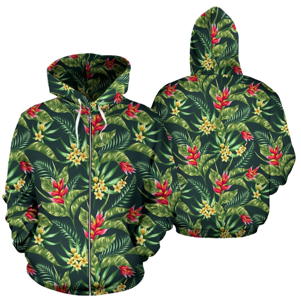 Tropical Flower Red Heliconia Print Zip Up Hoodie
