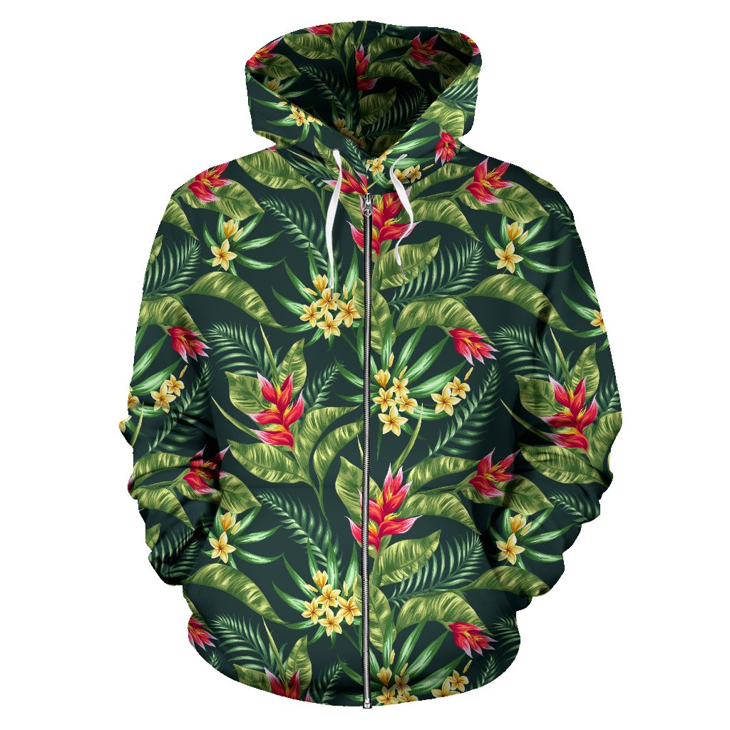 Tropical Flower Red Heliconia Print Zip Up Hoodie