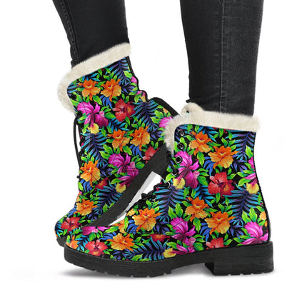 Tropical Folower Colorful Print Faux Fur Leather Boots-JTAMIGO.COM