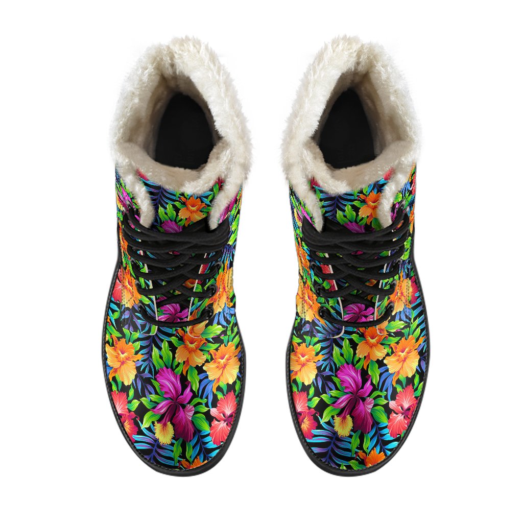 Tropical Folower Colorful Print Faux Fur Leather Boots-JTAMIGO.COM