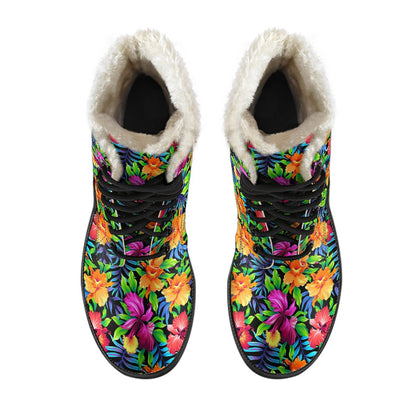 Tropical Folower Colorful Print Faux Fur Leather Boots-JTAMIGO.COM