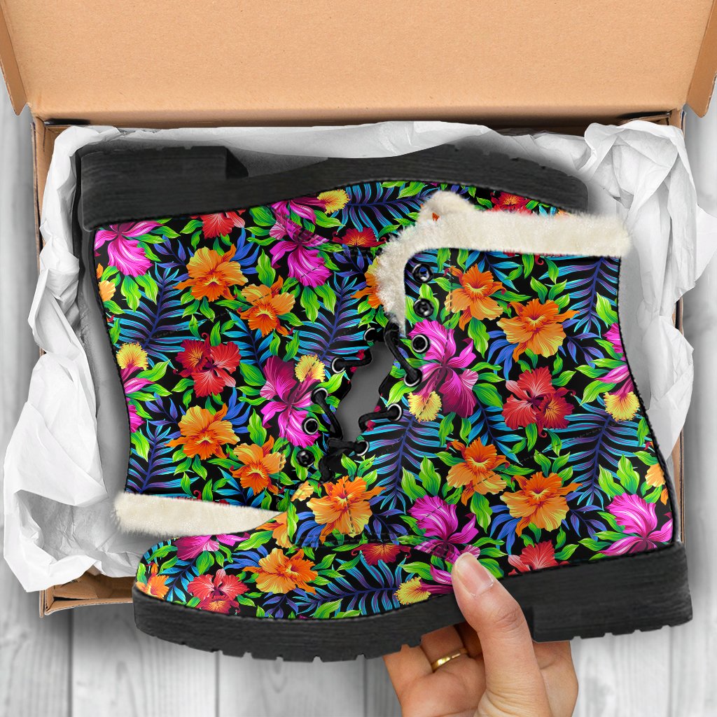 Tropical Folower Colorful Print Faux Fur Leather Boots-JTAMIGO.COM