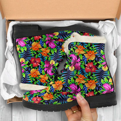 Tropical Folower Colorful Print Faux Fur Leather Boots-JTAMIGO.COM