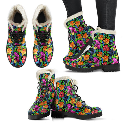 Tropical Folower Colorful Print Faux Fur Leather Boots-JTAMIGO.COM