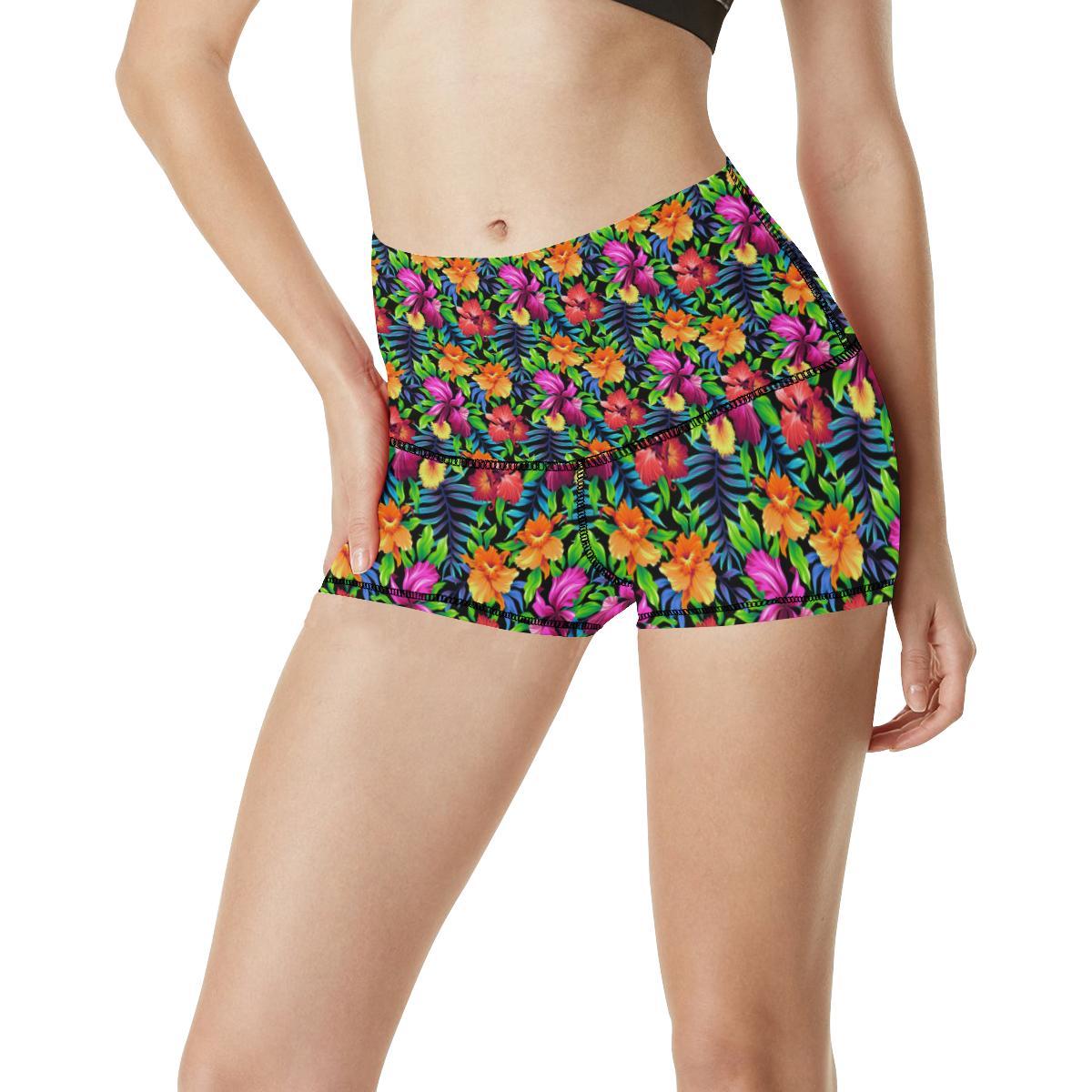 Tropical Folower Colorful Print High Waisted Spandex Shorts-JTAMIGO.COM