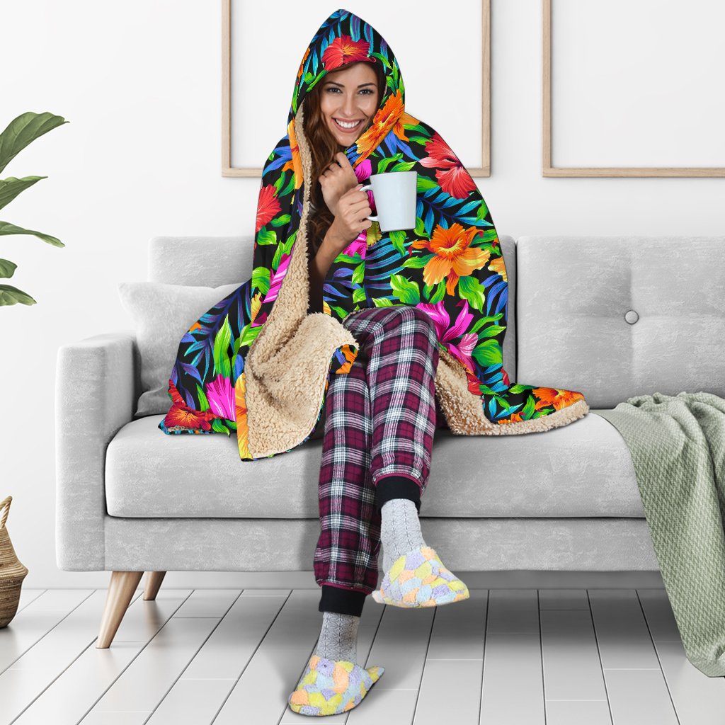Tropical Folower Colorful Print Hooded Blanket-JTAMIGO.COM