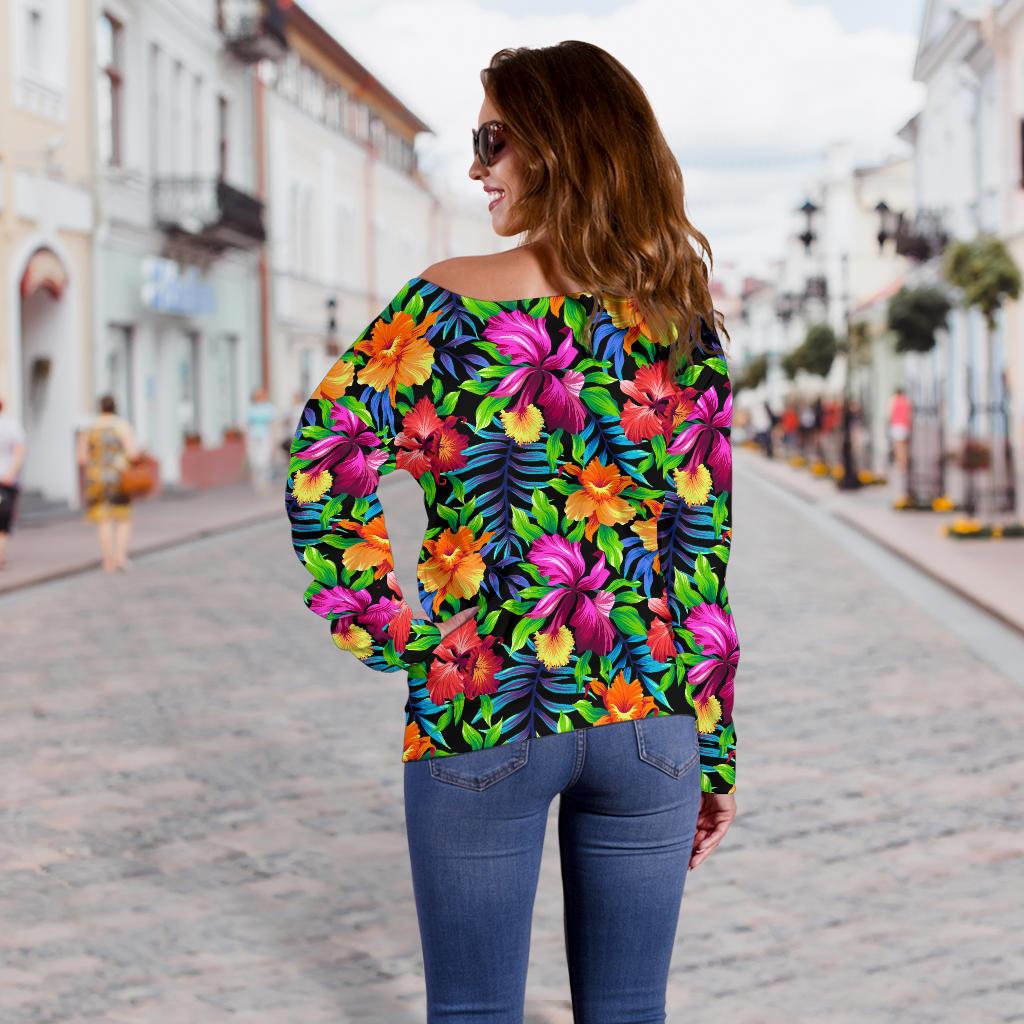 Tropical Folower Colorful Print Off Shoulder Sweatshirt