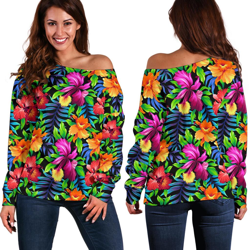 Tropical Folower Colorful Print Off Shoulder Sweatshirt