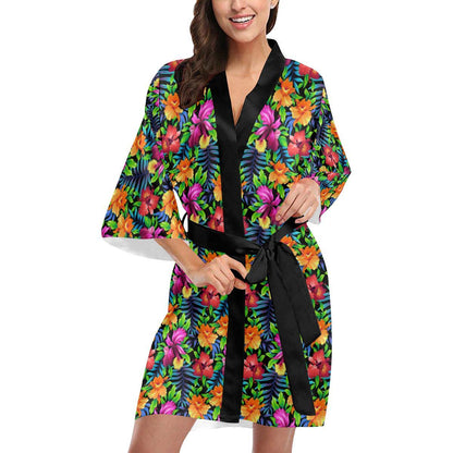 Tropical Folower Colorful Print Women Short Kimono Robe