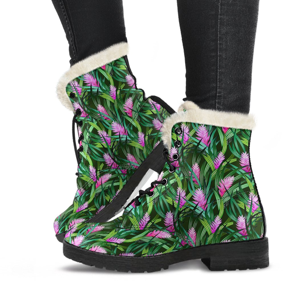 Tropical Folower Pink Heliconia Print Faux Fur Leather Boots-JTAMIGO.COM