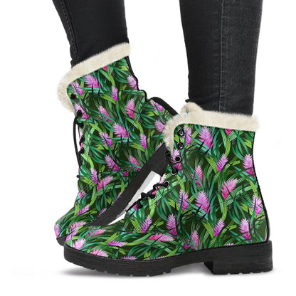 Tropical Folower Pink Heliconia Print Faux Fur Leather Boots-JTAMIGO.COM
