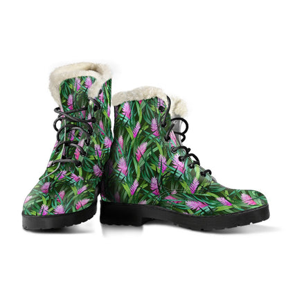 Tropical Folower Pink Heliconia Print Faux Fur Leather Boots-JTAMIGO.COM