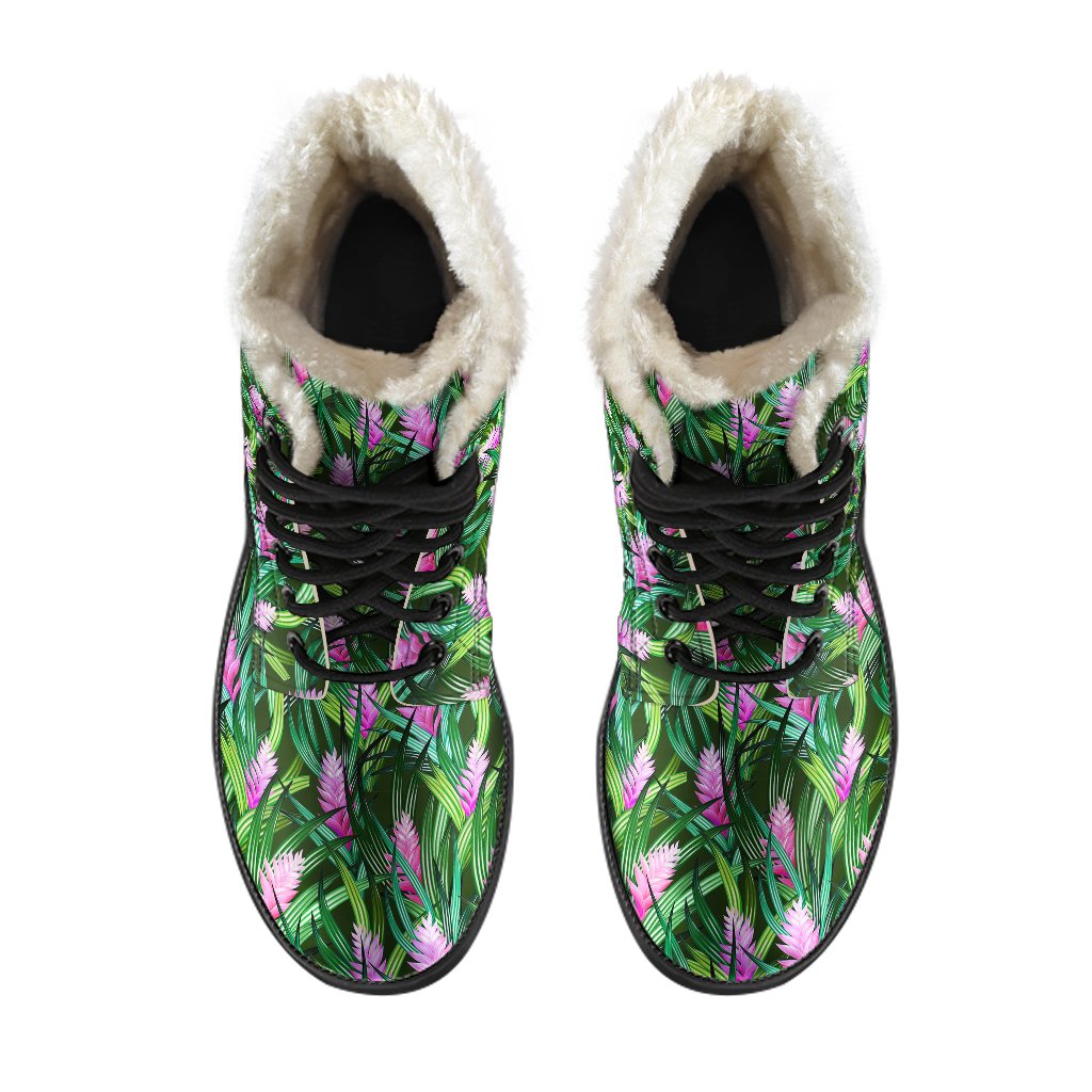 Tropical Folower Pink Heliconia Print Faux Fur Leather Boots-JTAMIGO.COM