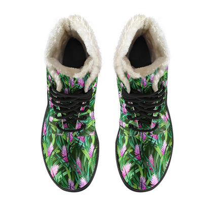 Tropical Folower Pink Heliconia Print Faux Fur Leather Boots-JTAMIGO.COM