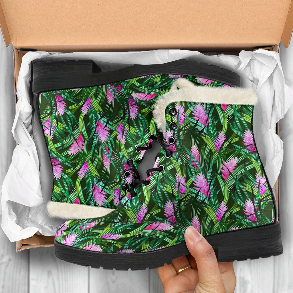 Tropical Folower Pink Heliconia Print Faux Fur Leather Boots-JTAMIGO.COM