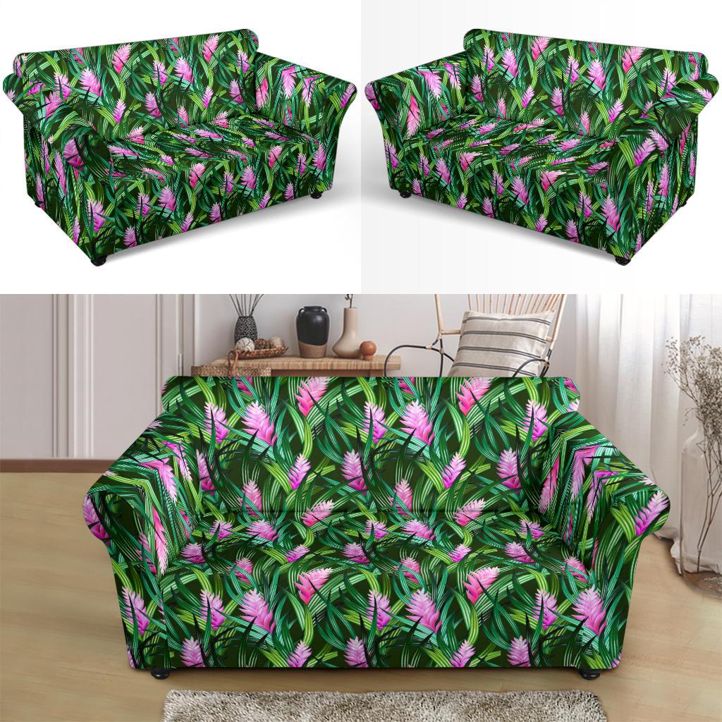 Tropical Folower Pink Heliconia Print Loveseat Slipcover-JTAMIGO.COM