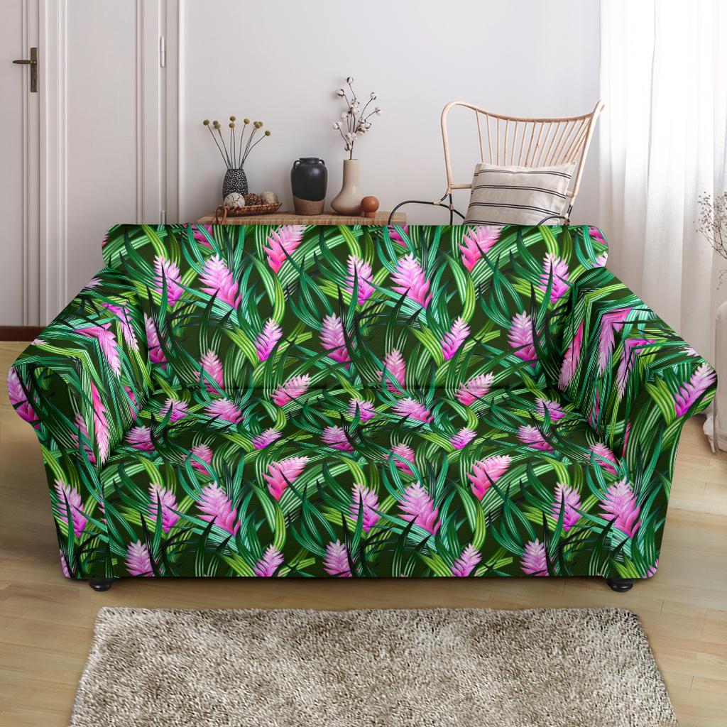 Tropical Folower Pink Heliconia Print Loveseat Slipcover-JTAMIGO.COM