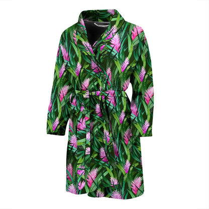 Tropical Folower Pink Heliconia Print Men Bath Robe-JTAMIGO.COM