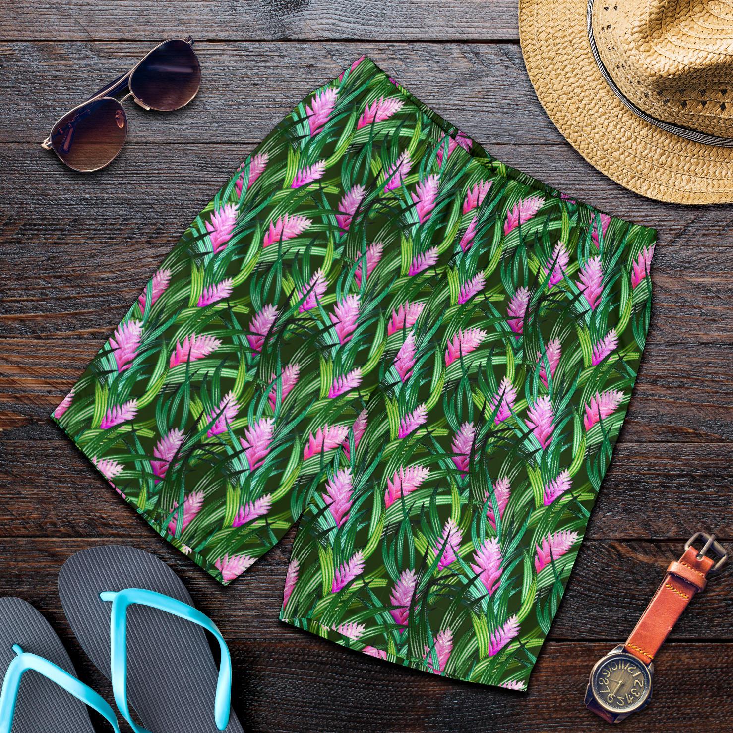 Tropical Folower Pink Heliconia Print Mens Shorts-JTAMIGO.COM