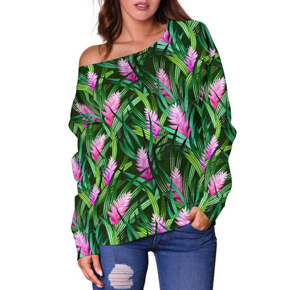 Tropical Folower Pink Heliconia Print Off Shoulder Sweatshirt