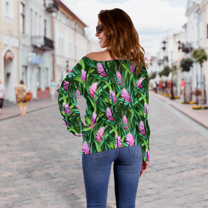 Tropical Folower Pink Heliconia Print Off Shoulder Sweatshirt