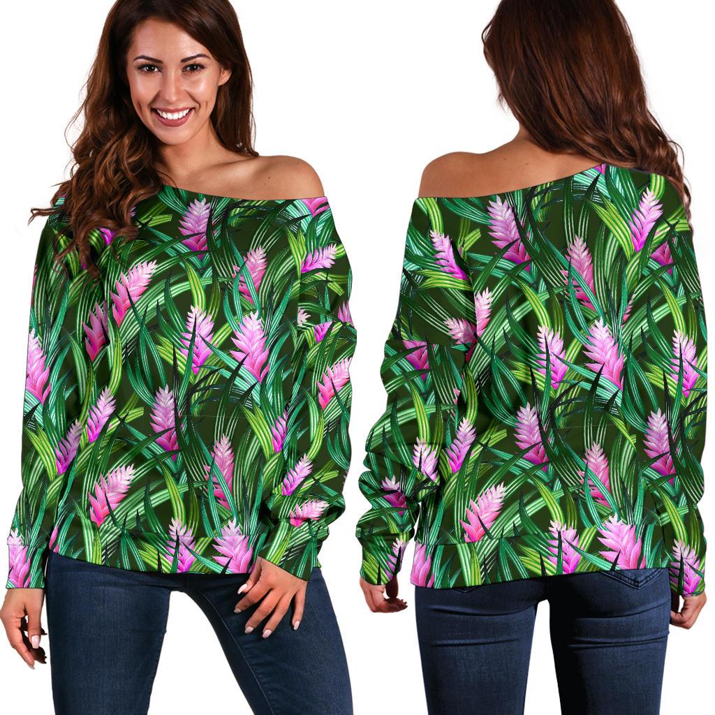 Tropical Folower Pink Heliconia Print Off Shoulder Sweatshirt