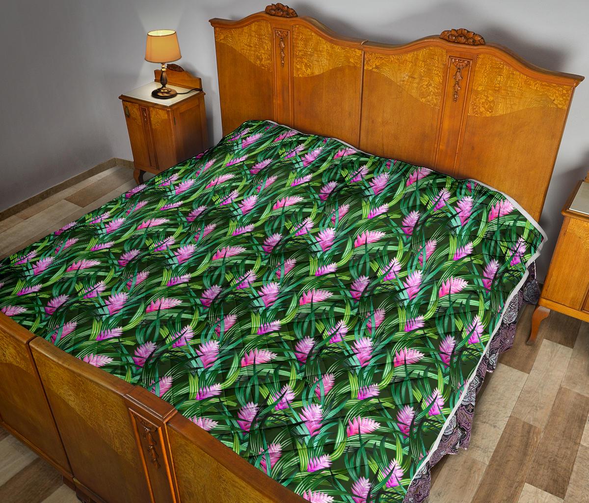 Tropical Folower Pink Heliconia Print Premium Quilt-JTAMIGO.COM