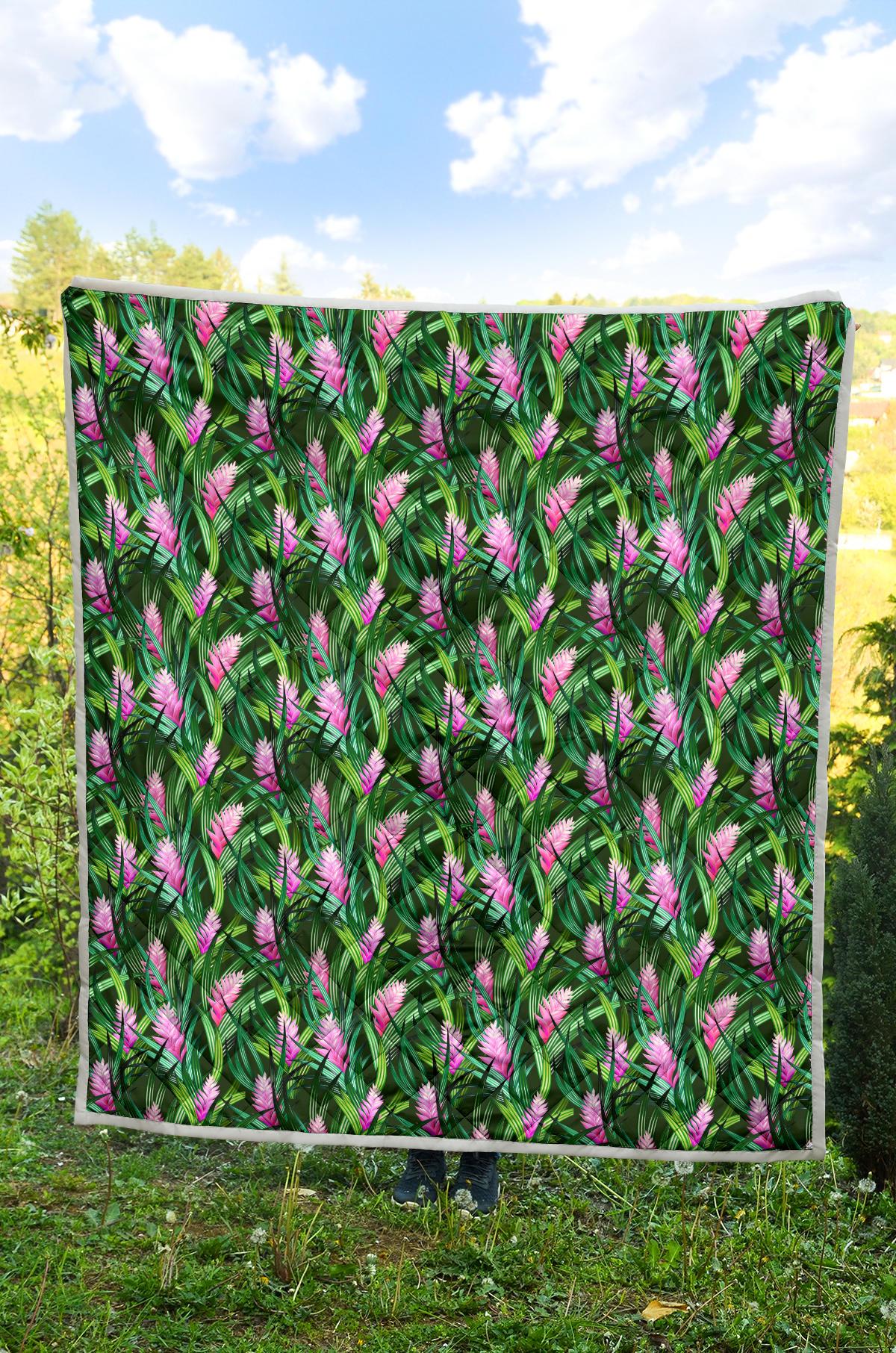 Tropical Folower Pink Heliconia Print Premium Quilt-JTAMIGO.COM