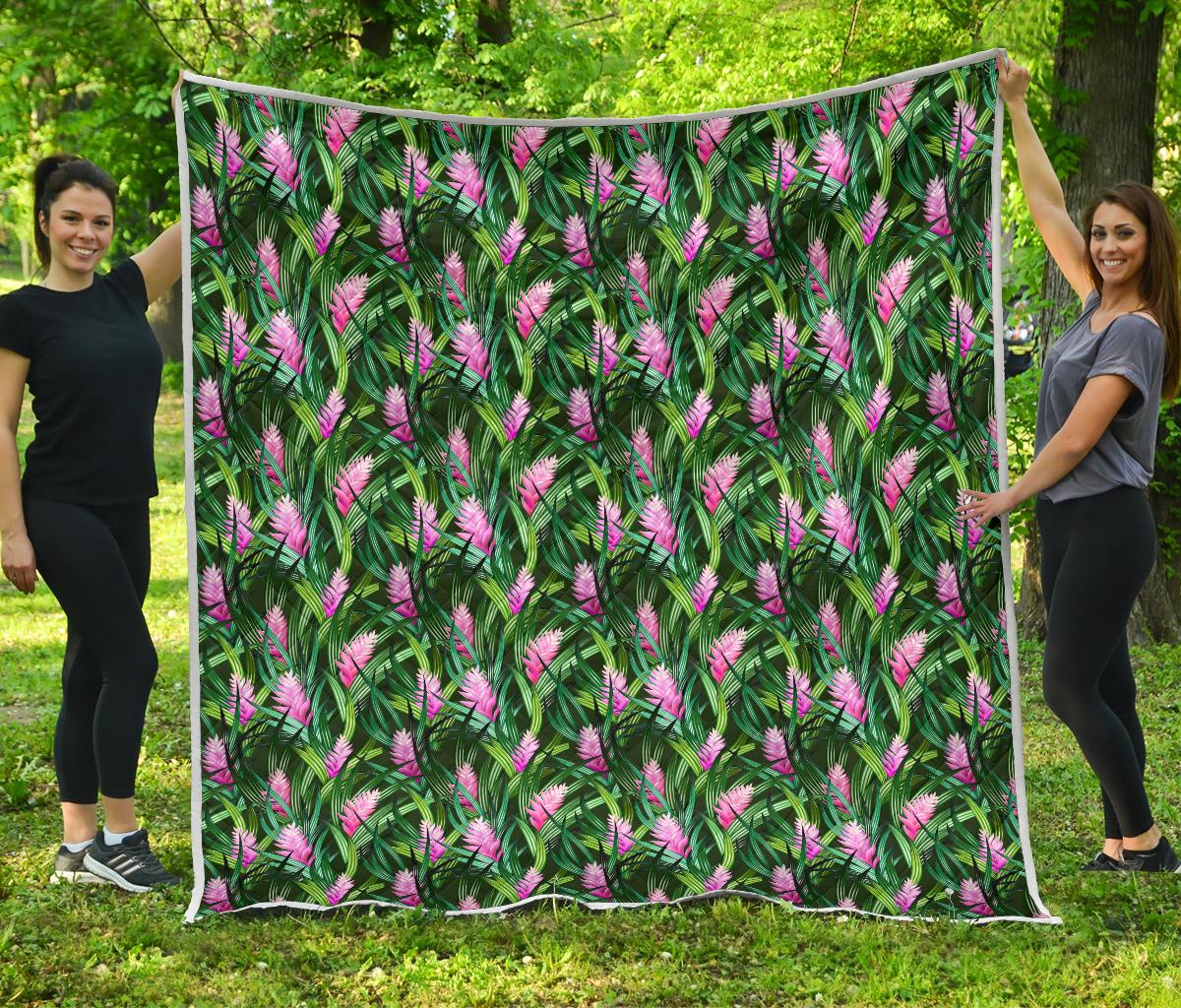 Tropical Folower Pink Heliconia Print Premium Quilt-JTAMIGO.COM