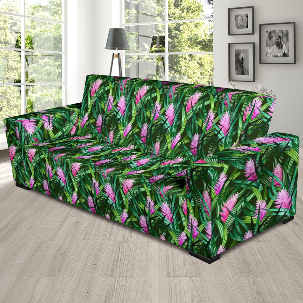 Tropical Folower Pink Heliconia Print Sofa Slipcover-JTAMIGO.COM