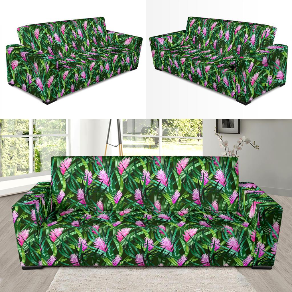 Tropical Folower Pink Heliconia Print Sofa Slipcover-JTAMIGO.COM
