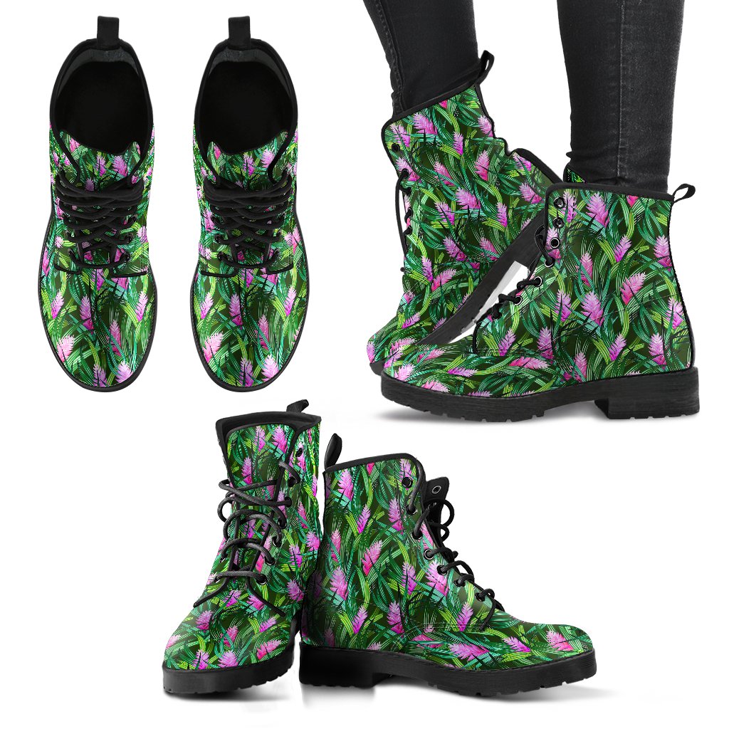 Tropical Folower Pink Heliconia Print Women Leather Boots-JTAMIGO.COM