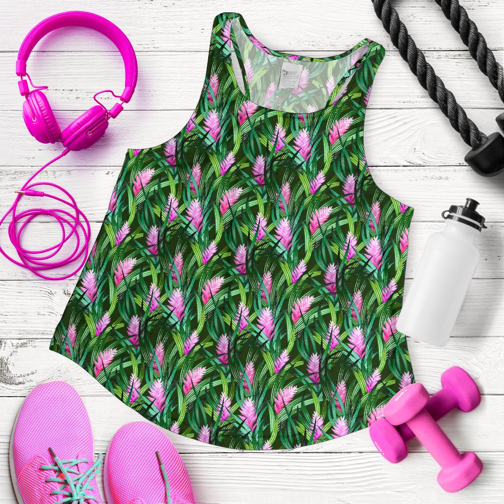 Tropical Folower Pink Heliconia Print Women Racerback Tank Top