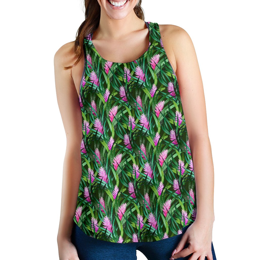 Tropical Folower Pink Heliconia Print Women Racerback Tank Top