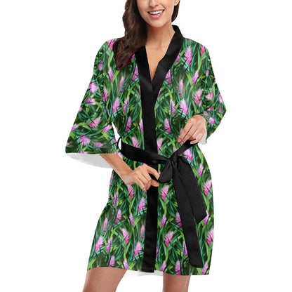 Tropical Folower Pink Heliconia Print Women Short Kimono Robe