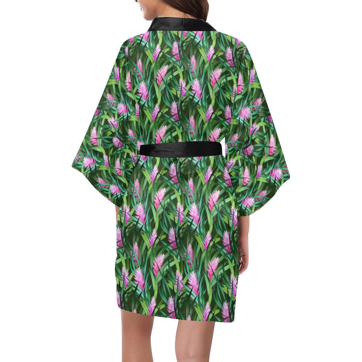 Tropical Folower Pink Heliconia Print Women Short Kimono Robe