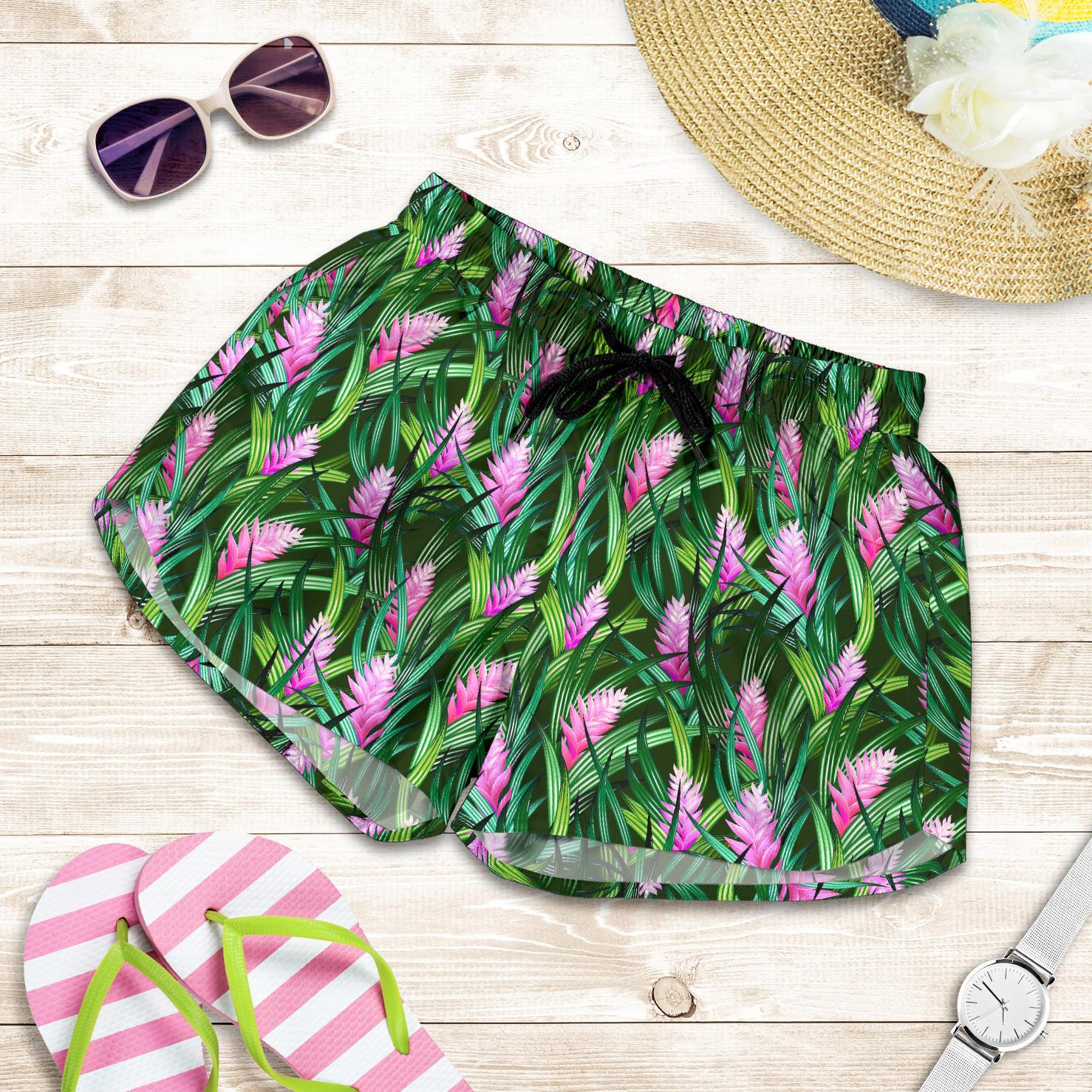 Tropical Folower Pink Heliconia Print Women Shorts-JTAMIGO.COM