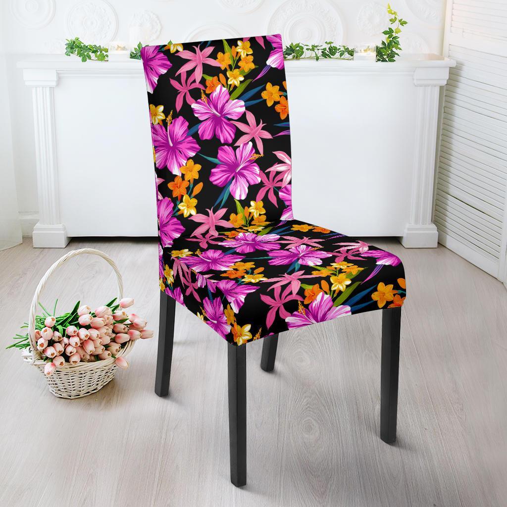 Tropical Folower Pink Hibiscus Print Dining Chair Slipcover-JTAMIGO.COM