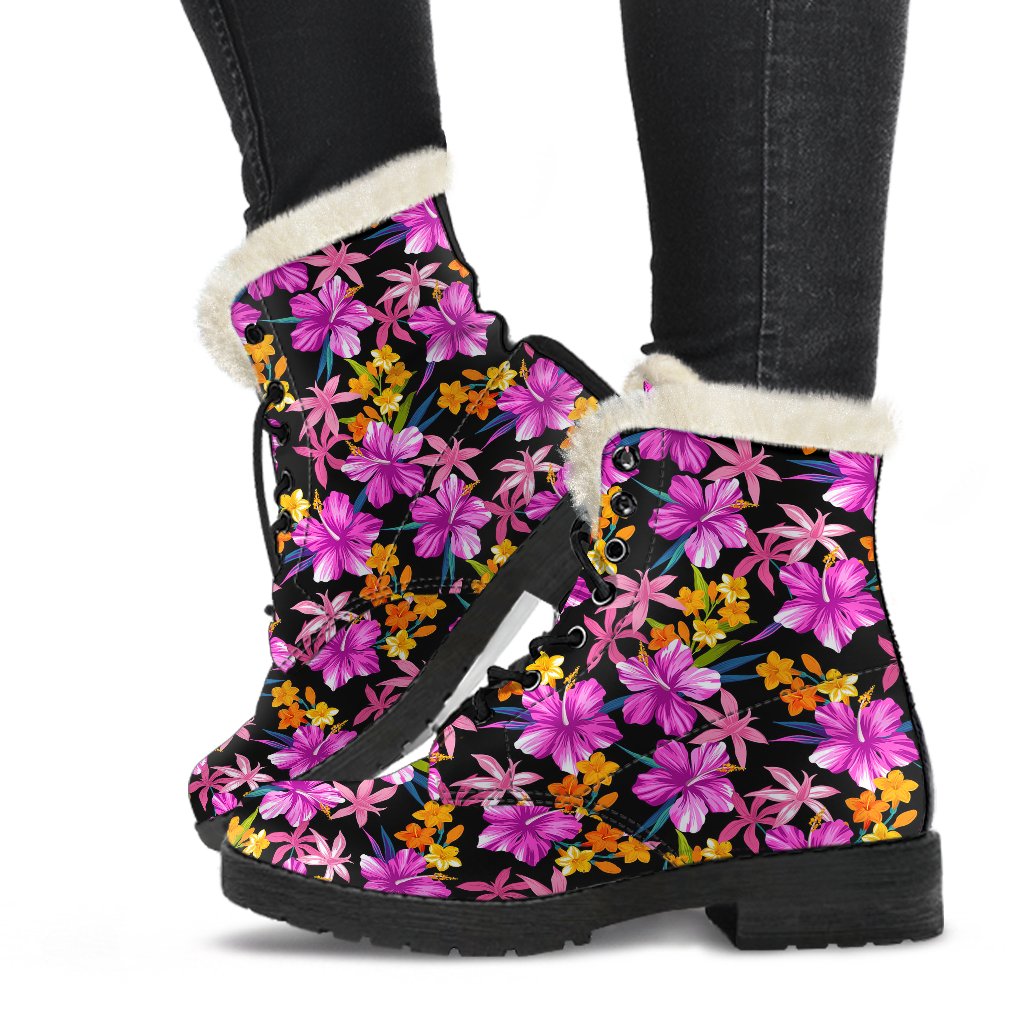Tropical Folower Pink Hibiscus Print Faux Fur Leather Boots-JTAMIGO.COM