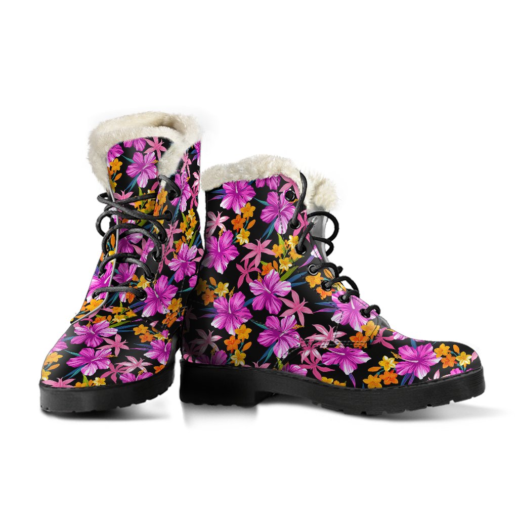 Tropical Folower Pink Hibiscus Print Faux Fur Leather Boots-JTAMIGO.COM