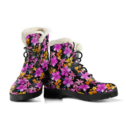 Tropical Folower Pink Hibiscus Print Faux Fur Leather Boots-JTAMIGO.COM